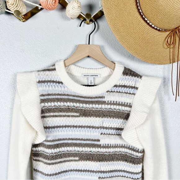 Autumn Cashmere Broken Stitch Cashmere Neutral Stripe Ruffle Sweater Size XS - Picture 3 of 7